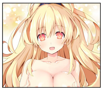 1girl :d bare_shoulders blonde_hair blush breasts breasts_squeezed_together cleavage commentary_request fang grabbing_another&#039;s_breast grabbing_own_breast groping hair_between_eyes hands_on_own_chest hands_up highres iwashi_dorobou_-r- kami_jigen_game_neptune_v large_breasts long_hair looking_at_viewer neptune_(series) open_mouth orange_eyes out-of-frame_censoring pish ponytail power_symbol power_symbol-shaped_pupils smile solo symbol-shaped_pupils topless_female upper_body yellow_eyes yellow_heart_(neptunia)