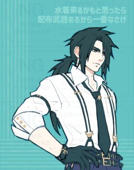 1boy aqua_background arm_strap belt black_belt black_gloves black_hair black_necktie collared_shirt final_fantasy final_fantasy_vii final_fantasy_vii:_ever_crisis gloves komm_ec_7 long_hair low_ponytail male_focus necktie official_alternate_costume pants parted_bangs ponytail purple_pants red_hair shirt sleeves_rolled_up solo suspenders upper_body vincent_valentine vincent_valentine_(formal_attire) white_shirt