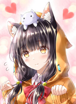 Rule 34 | 1girl, absurdres, animal, animal ear fluff, animal ear hood, animal ears, animal on head, asakura karen (heaven burns red), ayaro (genkiloobaii), bell, black hair, blunt bangs, blush, bow, bowtie, cat, cat ears, cat girl, cat on head, closed mouth, commentary request, eyelashes, fake animal ears, flying sweatdrops, hair bell, hair ornament, hands up, heart, heaven burns red, highres, hood, hood up, hoodie, jingle bell, kemonomimi mode, long hair, looking at viewer, low twintails, on head, orange hoodie, paw pose, pink background, red bow, red bowtie, simple background, sleeves past wrists, smile, solo, split mouth, twintails, upper body, white cat, yellow eyes