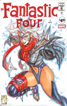 1girl acecore2k armor black_leotard black_lips black_sclera brown_bodystocking claws clothing_cutout colored_sclera commentary copyright_logo copyright_name cover_sketch dark_persona earrings english_commentary fantastic_four grin highres jewelry knee_up leotard logo long_hair looking_at_viewer malice_(sue_storm) marker_(medium) marvel marvel_rivals navel official_alternate_costume pauldrons pen_(medium) red_eyes red_scarf scarf shoulder_armor smile solo spiked_pauldrons spikes stomach_cutout sue_storm superhero_costume thigh_strap traditional_media white_background white_hair