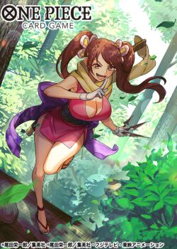 1girl bow breasts brown_hair cleavage commentary_request falling_feathers feathers floating_hair forest full_body hair_bow holding holding_shuriken holding_weapon japanese_clothes kimono large_breasts leg_up looking_at_viewer nature obi official_art one_piece one_piece_card_game open_mouth pink_kimono purple_sash sandals sash scarf shinobu_(one_piece) shuriken smile solo sunohara_(encount) sword sword_on_back tree twintails weapon weapon_on_back yellow_scarf