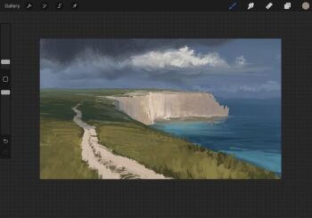 art_program_in_frame christian_young cliff cloud cloudy_sky commentary dark_cloud day dirt_road english_commentary grass landscape no_humans ocean original outdoors painterly procreate_(medium) procreate_(software) road scenery screencap sky