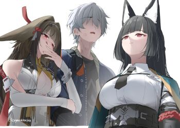 1boy 2girls animal_ear_fluff animal_ears aqua_jacket arm_hug arm_out_of_sleeve armlet bare_shoulders belt black_hair black_necktie black_shirt black_skirt blue_jacket blunt_bangs blush bracelet breasts brown_hair china_dress chinese_clothes clover clover_hair_ornament commentary cryne dress droopy_ears english_commentary fox_ears fox_girl from_below gauntlets grey_hair hair_ornament hairband high-waist_skirt highres hoshimi_miyabi id_card jacket jewelry large_breasts licking_lips lipstick lipstick_mark lipstick_mark_on_cheek lipstick_mark_on_neck long_hair looking_at_another makeup medium_breasts metal_bracelet multiple_girls necktie no_eyes red_eyes see-through_clothes shirt short_hair silver_armlet silver_bracelet simple_background single_gauntlet skirt sleeveless sleeveless_dress smeared_lipstick sweat tongue tongue_out twitter_username white_background white_dress white_hairband white_shirt wise_(zenless_zone_zero) ye_shunguang zenless_zone_zero