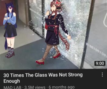 2girls animal_ears black_jacket black_skirt blue_hair blue_shirt braid braided_hair_rings brown_hair brown_pantyhose brown_shoes casual commentary ear_covers english_commentary english_text gentildonna_(casual)_(umamusume) gentildonna_(umamusume) glass gnvr hair_between_eyes hair_rings heart-shaped_ornament heart_ear_ornament high_heels highres horse_ears horse_girl jacket long_hair long_sleeves looking_at_another mole mole_under_eye multiple_girls pantyhose red_eyes screencap shirt shoes skirt umamusume verxina_(casual)_(umamusume) verxina_(umamusume) youtube