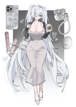1girl airpods alternate_costume blue_eyes breasts cellphone cinderella_(nikke) cleavage comiket_107 covered_navel dongtan_dress dress earbuds earbuds_charging_case earphones full_body goddess_of_victory:_nikke grey_dress hair_over_one_eye heart highres iphone large_breasts long_hair mell_(dmwe3537) official_alternate_eye_color one_eye_covered phone smartphone smile solo twintails very_long_hair wide_hips wireless_earphones