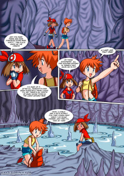 2girls bandana blue_bike_shorts blue_eyes blue_shorts cave cave_interior crossover denim denim_shorts english_text may_(pokemon) misty_(pokemon) multiple_girls navel nintendo orange_hair palcomix pokemon pokemon_(anime) pokemon_(classic_anime) pokemon_rse_(anime) red_bandana red_shirt shirt shorts side_ponytail speech_bubble suspender_shorts suspenders tank_top yellow_shirt yellow_tank_top