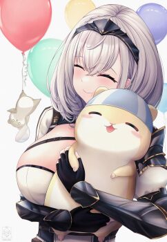 1girl :t absurdres armor artist_name belt blush breasts cleavage cleavage_cutout closed_eyes clothing_cutout commentary dan'in-san_(shirogane_noel) fingerless_gloves gloves grey_hair hair_between_eyes hair_ornament happy_birthday highres hololive hug huge_breasts knight light_blush long_sleeves shirogane_noel shirogane_noel_(1st_costume) shoulder_armor simple_background smile symbol-only_commentary virtual_youtuber white_background zura2822