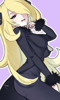 Rule 34 | 1girl, :d, blonde hair, breasts, coat, commentary, cynthia (pokemon), eyelashes, from side, fur-trimmed coat, fur trim, grey eyes, hair ornament, hair over one eye, hand up, highres, long hair, long sleeves, meru merume603, nintendo, open mouth, outline, pants, pokemon, pokemon dppt, purple background, shirt, smile, solo