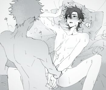 2boys aftersex anal antenna_hair bed_sheet blush cheng_xiaoshi chinese_text completely_nude condom cum cum_in_ass cum_on_ass cum_on_body cum_on_male cum_on_self cum_on_stomach ejaculation erection greyscale heart highres holding_another&#039;s_wrist holding_hands kouhai99153 looking_at_another lu_guang lying male_focus male_penetrated missionary monochrome multiple_boys nude on_back on_bed open_mouth penis pillow pillow_grab saliva sex shiguang_dailiren spoken_heart spread_legs sweat tissue_box trembling used_tissue yaoi