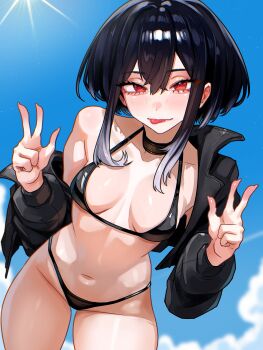 1girl :p absurdres bikini black_bikini black_choker black_hair black_jacket blue_sky breasts choker chromatic_aberration cloud commentary_request commission day double_v hair_between_eyes highres jacket long_sleeves looking_at_viewer medium_breasts medium_hair multicolored_hair navel open_clothes open_jacket original outdoors sky solo spanish_commentary standing streaked_hair swimsuit thighs tongue tongue_out v vlizz white_hair