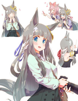 +++ 2girls :d ^_^ agnes_digital_(umamusume) animal_ears bare_shoulders between_breasts black_skirt blue_eyes blue_shirt blush bow breasts camera chrono_genesis_(casual)_(umamusume) chrono_genesis_(prismatic_curator)_(umamusume) chrono_genesis_(umamusume) closed_eyes commentary_request glowstick grey_hair hair_bow hand_to_own_mouth heart holding holding_camera horse_ears horse_girl horse_tail long_hair long_sleeves multiple_girls multiple_views open_mouth pink_hair pleated_skirt puffy_long_sleeves puffy_sleeves purple_shirt red_bow rinrin_(927413) school_uniform shirt simple_background skirt small_breasts smile strap_between_breasts tail tears tracen_school_uniform umamusume very_long_hair white_background white_skirt