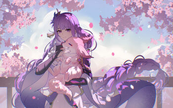 Rule 34 | 1girl, absurdres, aqinorz, asymmetrical sleeves, blue pupils, blunt bangs, blurry, blurry background, braid, bridal gauntlets, carrying, cherry blossoms, chinese commentary, closed eyes, closed mouth, cloud, cloudy sky, commentary request, depth of field, fox, fox girl, genshin impact, hair ornament, highres, japanese clothes, kimono, light smile, long braid, long hair, looking at viewer, multicolored eyes, no mole, outdoors, purple eyes, purple hair, purple kimono, raiden shogun, second-party source, single braid, sky, standing, wide sleeves, yae miko, yae miko (fox)