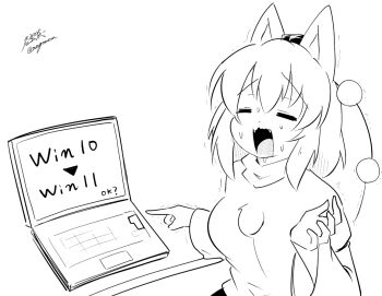 1girl animal_ears breasts closed_eyes commentary_request computer fangs greyscale hat inubashiri_momiji laptop long_sleeves medium_breasts microsoft_windows monochrome open_mouth pom_pom_(clothes) short_hair simple_background solo taurine_8000mg tokin_hat touhou trembling upper_body windows_10 windows_11 wolf_ears wolf_girl