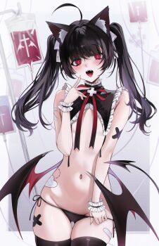 1girl ahoge animal_ear_fluff animal_ears bandaid bandaid_on_arm bandaid_on_thigh bite_mark black_hair black_panties black_thighhighs black_wings blood blood_bag blush border cat_ears collar commentary cowboy_shot cross crossed_bandaids demon_girl demon_tail demon_wings fangs flat_chest frilled_collar frilled_wristband frills gluteal_fold hair_ornament hair_ribbon hand_up highres legs_together long_hair looking_at_viewer low_wings navel neck_ribbon ompf open_mouth original outside_border panties red_eyes red_ribbon ribbon side-tie_panties solo standing string_panties symbol-only_commentary tail thigh_gap thighhighs twintails underwear vampire white_border white_ribbon wings