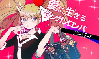 Rule 34 | 1girl, bag, black shirt, blonde hair, blush, bow, breasts, brown eyes, celestia ludenberg, cleavage, commentary request, danganronpa: trigger happy havoc, danganronpa (series), enoshima junko, hair bow, hair ornament, hands up, highres, holding, holding bag, kirigiri kyoko, maizono sayaka, medium breasts, minoris aka, monokuma, naegi makoto, nail polish, owada mondo, pink background, rabbit hair ornament, red bow, red nails, shirt, simple background, sparkle, translation request, twintails, white bow