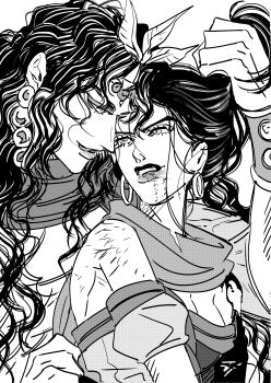 1boy 1girl absurdres battle_tendency breasts bruise danggo99 earrings eye_contact grabbing_another&#039;s_hair hetero highres holding_another&#039;s_hair hoop_earrings injury jewelry jojo_no_kimyou_na_bouken kars_(jojo) large_breasts lipstick lisa_lisa long_hair looking_at_another makeup monochrome scarf tongue tongue_out torn_clothes torn_scarf very_long_hair