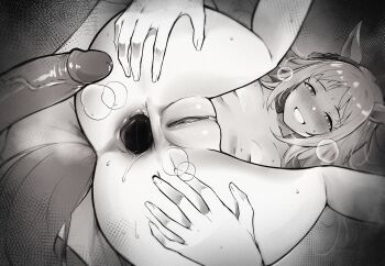 1boy 1girl animal_ears anus ass blush breasts completely_nude erection gaping gaping_anus grass_wonder_(umamusume) greenopi greyscale grin half-closed_eyes hands_on_own_ass hetero highres horse_ears horse_girl horse_tail imminent_penetration long_hair lying monochrome nose_blush nude on_back penis petite presenting presenting_anus pussy small_breasts smile solo_focus tail umamusume uncensored