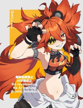 Rule 34 | 1girl, ahoge, animal ear hairband, animal ears, asymmetrical gloves, bear ear hairband, bear ears, black hair, claw pose, commentary, cowboy shot, crop top, elbow gloves, eyepatch, fake animal ears, fingerless gloves, flame print, gloves, hair between eyes, hairband, jumpsuit, jumpsuit around waist, koleda belobog, long hair, looking at viewer, navel, red eyes, red hair, single elbow glove, smile, solo, uneven gloves, until hotobori, untranslatable commentary, upper body, zenless zone zero