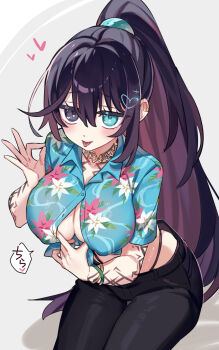 1girl :p arm_tattoo black_hair black_pants blue_shirt bracelet breasts cleavage collared_shirt genderswap genderswap_(mtf) hawaiian_shirt heart high_ponytail highres hong_lu_(project_moon) jewelry large_breasts limbus_company long_hair looking_at_viewer neck_tattoo ok_sign paizuri_invitation pants ponytail project_moon shiki_(shikki46) shirt sitting solo tattoo tingtang_gang_(identity)_(project_moon) tongue tongue_out very_long_hair