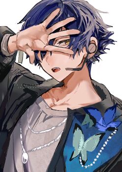 1boy absurdres blue_hair bug butterfly collared_shirt commentary_request ensemble_stars! grey_shirt hand_up headset highres insect jewelry long_sleeves looking_at_viewer male_focus necklace one_eye_covered open_mouth outstretched_hand sazanami_jun shirt short_hair simple_background solo tama_rick teeth twitter_username upper_body upper_teeth_only white_background yellow_eyes