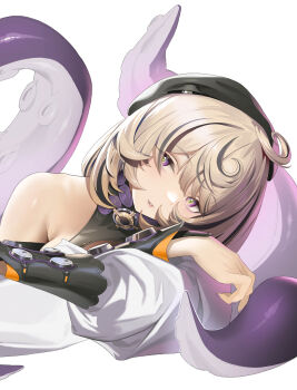 1girl absurdres bare_shoulders beret black_hat commentary crossed_arms english_commentary hat head_on_arm head_rest highres looking_at_viewer mole mole_under_mouth monster_girl najiu_jiao_xiaolan_ba parted_lips purple_eyes purple_nails scylla simple_background solo suction_cups tentacle_girl tentacle_tail tentacles upper_body white_background white_sleeves yidhari_murphy zenless_zone_zero