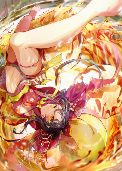 1girl barefoot black_hair blush bow breasts cherry_blossom_print cleavage commentary_request drink floral_print food foot_out_of_frame frilled_sleeves frills fruit hair_bow highres holding holding_food holding_fruit japanese_clothes liquid looking_at_viewer medium_breasts multicolored_hair negimapurinn original oversized_object parted_lips pink_hair sidelocks solo streaked_hair thigh_strap umeshu upside-down yellow_eyes