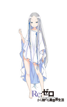1girl bare_legs bare_shoulders blue_eyes blue_ribbon blush closed_mouth collarbone colored_eyelashes commentary_request copyright_name dress english_text forehead full_body grey_hair hair_ribbon hand_up highres long_hair looking_at_viewer naked_poncho official_art ootsuka_shin&#039;ichirou open_hand pandora_(re:zero) parted_bangs re:zero_kara_hajimeru_isekai_seikatsu ribbon ribbon-trimmed_clothes ribbon-trimmed_dress ribbon_trim simple_background smile solo standing tachi-e title tsurime very_long_hair white_background white_dress white_eyelashes white_poncho