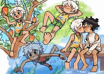2boys absurdres arms_behind_back bandaid bandaid_on_face bandaid_on_knee bandaid_on_leg bandaid_on_nose barefoot black_hair black_shorts blue_eyes blush closed_eyes commission dark-skinned_male dark_skin feet food freckles fruit full_body grass green_shorts highres jewelry kiss leaf mango multiple_boys necklace on_tree original shorts sitting sleeveless sleeveless_turtleneck smile swimming tank_top turtleneck umiko_zzz underwater vitiligo white_hair yaoi yellow_tank_top