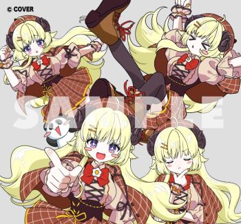 >_< +_+ 1girl :d ahoge animal_ears beret black_thighhighs blonde_hair boots bow bowtie braid brown_boots brown_hat brown_jacket brown_shirt brown_skirt center_frills cherichuxx closed_eyes closed_mouth collared_shirt commentary_request copyright_name cross-laced_clothes cross-laced_top framed_breasts frills grey_background grid hair_bun hair_ornament hairclip half_up_braid hat hololive horns jacket jacket_on_shoulders lace-up_boots long_hair miniskirt nail_polish official_alternate_costume official_art open_mouth orange_nails over-kneehighs pleated_skirt pointing pointing_at_viewer purple_eyes red_bow red_bowtie sample_watermark sheep_ears sheep_girl sheep_horns shirt simple_background single_side_bun skirt smile thighhighs three-quarter_sleeves triangle_mouth tsunomaki_watame variations very_long_hair virtual_youtuber watermark wrist_cuffs