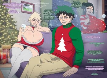 Rule 34 | 1boy, 2girls, alternate breast size (larger), alternate costume, areola slip, bakugou mitsuki, bare shoulders, blonde hair, boku no hero academia, bottle, breasts, brown pants, bulge, christmas sweater, christmas tree, cleavage, closed eyes, contingency, couch, cup, dress, drinking glass, english text, erection, erection under clothes, green hair, green sleeves, highres, holding, holding bottle, holding cup, huge breasts, indoors, looking to the side, midoriya inko, midoriya izuku, mother and child, mother and son, multiple girls, open mouth, pants, parent and child, red dress, red sweater, santa costume, santa dress, short hair, sitting, spiked hair, strapless, strapless dress, sweater, teeth, thighhighs, upper teeth only, white thighhighs, wine glass