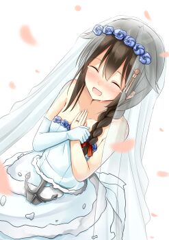10s 1girl :d ^_^ absurdres anchor braid bridal_veil brown_hair closed_eyes dress elbow_gloves female_focus flower gloves hair_flaps hair_ornament hair_ribbon happy_tears highres jewelry kantai_collection long_hair open_mouth ornate_ring ribbon ring rose shigure_(kancolle) shigure_kai_ni_(kancolle) single_braid single_glove smile solo strapless strapless_dress tears tsuchikure veil wedding wedding_dress wedding_ring