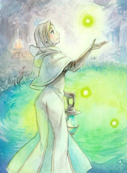 1girl absurdres black_gloves brazier brown_eyes capelet cleric commentary_request dress elbow_gloves feet_out_of_frame from_behind gloves glowing highres holding holding_lantern lantern long_hair looking_at_object octopath_traveler octopath_traveler_i ophilia_clement painting_(medium) profile smile solo traditional_media water watercolor_(medium) white_capelet white_dress white_hair yomogimo_chi