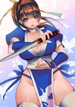1girl breasts brown_eyes brown_hair cleavage dead_or_alive kasumi_(doa) long_hair ninja ponytail rosie_rosie short_sleeves sword thighhighs weapon