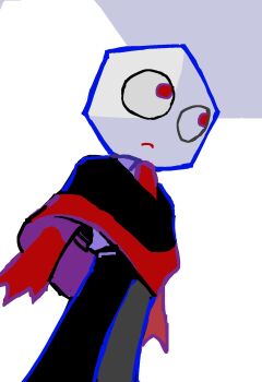 1other black_pants black_poncho ceiling closed_mouth collared_shirt commentary_request deltarune dice elbow_gloves feet_out_of_frame from_below frown gloves highres looking_ahead necktie other_focus pants pippins_(deltarune) red_eyes red_gloves red_necktie shirt solo toybox_49 utdr_(toby_fox) white_background white_shirt