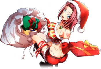 1girl artist_request ass back bare_shoulders belt black_boots blue_eyes body_markings boots bow box breasts butt_crack choker christmas cleavage code_geass code_geass:_lost_stories collarbone crop_top dimples_of_venus elbow_gloves facial_mark female_focus from_behind full_body fur-trimmed_gloves fur-trimmed_headwear fur-trimmed_shirt fur-trimmed_shorts fur_trim game_cg gift gift_box gloves green_bow hair_intakes hand_up happy hat heart high_heels highleg highleg_panties highres holding holding_box holding_sack incoming_gift knee_boots kouzuki_kallen large_breasts leg_ribbon legs_together looking_at_viewer looking_back midriff non-web_source official_art open_mouth panties plaid_clothes plaid_shirt pom_pom_(clothes) red_gloves red_hair red_hat red_ribbon red_shirt red_shorts ribbon sack santa_hat shirt short_hair short_shorts shorts sidelocks simple_background single_thighhigh sleeveless sleeveless_shirt smile solo squatting star_(symbol) string_panties thighhighs transparent_background underwear white_choker white_panties white_thighhighs yellow_bow zipper