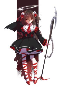 Rule 34 | 1girl, alternate costume, black dress, black wings, brown hair, closed mouth, collar, commentary, dress, evil neuro-sama, full body, hair between eyes, hair ornament, hair ribbon, halo, high heels, highres, holding harpoon, long hair, long sleeves, magical girl, necktie, neuro-sama, pantyhose, pom pom (clothes), red eyes, red necktie, red ribbon, red shoes, ribbon, sa1t water, shoes, single wing, skull hair ornament, solo, standing, untranslatable commentary, thigh strap, two side up, vedal ai, virtual youtuber, white collar, white halo, white pantyhose, wings