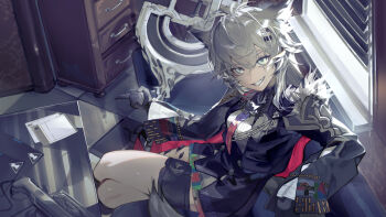 1girl animal_ears arknights black_gloves black_jacket buttons couch gloves grey_eyes grey_hair grin highres jacket kouhiipan lappland_(arknights) looking_at_viewer messy necktie on_couch rhodes_island_logo_(arknights) scar scar_across_eye scar_on_face sitting smile solo teeth