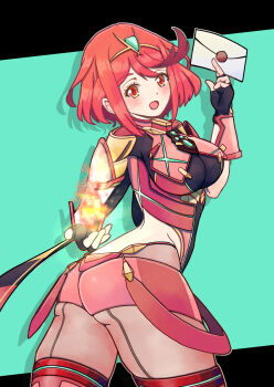1girl armor ass backkee backless_outfit black_gloves blush bob_cut breasts chest_jewel core_crystal_(xenoblade) earrings fingerless_gloves fire floating_earrings gloves hand_up highres holding holding_paper impossible_clothes jewelry medium_breasts nintendo pantyhose paper pyra_(xenoblade) pyrokinesis red_eyes red_hair red_shorts short_hair short_sleeves shorts shoulder_armor smash_invitation smile solo super_smash_bros. suspenders_hanging swept_bangs thighhighs thighhighs_over_pantyhose tiara xenoblade_chronicles_(series) xenoblade_chronicles_2