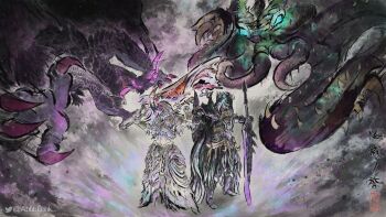 1boy 1girl 2others abbbbbbk armor artist_name blue_eyes claws colored_tongue glowing glowing_eyes gore_magala highres horns monster_hunter_(series) multiple_others nu_udra purple_tongue sword tentacles weapon