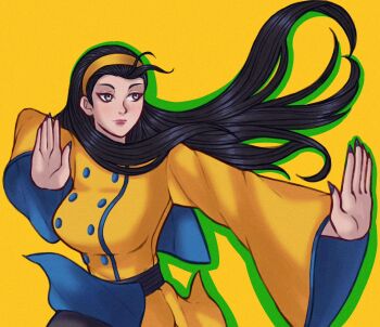 1girl bingqiux black_hair breasts dress female_focus grey_eyes hairband huge_breasts kagura_chizuru large_breasts long_hair long_sleeves pale_skin the_king_of_fighters the_king_of_fighters_xv thick_thighs thighs