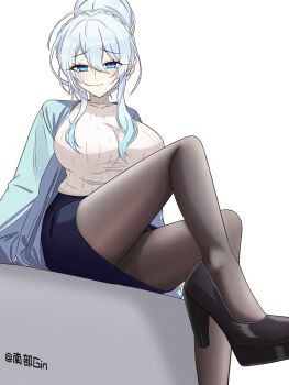 1girl absurdres artist_name black_pantyhose black_shoes black_skirt blue_eyes blue_jacket blush braid breasts closed_mouth covered_collarbone crown_braid dot_nose double-parted_bangs feet furrowed_brow gradient_hair hair_between_eyes hair_bun hair_over_breasts high_heels highres hitozukiai_ga_nigate_na_miboujin_no_yukionna-san_to_noroi_no_yubiwa huge_breasts jacket knee_up leg_focus legs lone_nape_hair long_sidelocks long_sleeves looking_at_viewer miniskirt multicolored_hair nanbugin open_clothes open_jacket pantyhose pumps raised_inner_eyebrows ribbed_sweater seductive_smile shoes sidelocks simple_background single_hair_bun sitting skirt smile sweater taut_clothes taut_sweater turtleneck turtleneck_sweater white_background white_hair yukino_mifuyu_(puuzaki_puuna)