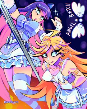 2girls ahoge artist_name blonde_hair blue_eyes blue_hair blunt_bangs bow breasts colored_inner_hair commentary dress english_text flipped_hair hair_bow heart highres hue_shifting jewelry large_breasts long_hair looking_at_viewer multicolored_hair multiple_girls panty_&amp;_stocking_with_garterbelt panty_(psg) pink_hair pole pole_dancing sammy_jam siblings sisters smile stocking_(psg) striped_clothes striped_thighhighs stripper_pole thighhighs two-tone_hair white_dress