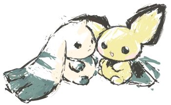 Rule 34 | blush, digimon, digimon (creature), fan request, gen 2 pokemon, highres, horns, long animal ears, nintendo, no humans, petday, pichu, pokemon, pokemon (creature), simple background, single horn, terriermon, white background, white fur, yellow fur