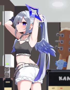 Rule 34 | 1girl, absurdres, amane kanata, angel, angel wings, armpits, arms up, black bra, black choker, blue hair, blue streaks, blue wings, blush, bottle, bra, breasts, cet (hajisirazunoko), choker, cleavage, closed mouth, collarbone, commentary request, feathered wings, grey hair, guitar, halo, highres, hololive, instrument, long hair, multicolored hair, ponytail, purple eyes, short shorts, shorts, small breasts, smile, solo, sports bra, star halo, streaked hair, underwear, very long hair, virtual youtuber, water bottle, white shorts, wings