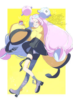 1girl black_shorts blue_hair blush boots bow-shaped_hair character_hair_ornament grey_boots grey_pantyhose hair_ornament hexagon_print highres holding holding_poke_ball iono_(pokemon) jacket long_hair long_sleeves looking_at_viewer multicolored_hair nintendo one_eye_closed open_mouth pantyhose pink_hair poke_ball poke_ball_(basic) pokemon pokemon_sv purple_eyes serizawa_serizane sharp_teeth shorts single_leg_pantyhose sleeves_past_fingers sleeves_past_wrists smile solo split-color_hair teeth two-tone_hair yellow_jacket