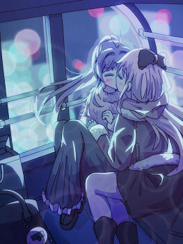 Rule 34 | 2girls, absurdres, bag, black boots, black bow, black skirt, blonde hair, blush, boots, bow, brown scarf, commentary request, ferris wheel interior, hair bow, handbag, highres, holding hands, interlocked fingers, kiss, long hair, multiple girls, night, purple hair, scarf, shogagrad, skirt, sugiura ayano, sweater, toshinou kyouko, yuri, yuruyuri
