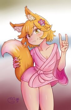 1girl :3 animal_ear_fluff animal_ears artist_logo bare_legs blonde_hair blurry blurry_background breasts cleavage closed_mouth collarbone dot_nose eyebrows_hidden_by_hair eyelashes feet_out_of_frame female_focus fox_ears fox_girl fox_shadow_puppet fox_tail hand_up logo loli looking_at_viewer matching_hair/eyes pink_robe poethewondercat robe senko_(sewayaki_kitsune_no_senko-san) sewayaki_kitsune_no_senko-san short_hair smile solo standing tail thighs yellow_eyes