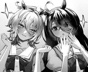 2girls 4chillea agnes_tachyon_(umamusume) ahoge animal_ears blush bow bowtie chemical_structure covering_own_mouth ear_ornament ear_tag earrings greyscale hair_between_eyes hands_up highres horse_ears horse_girl jewelry long_hair long_hair_between_eyes looking_at_another manhattan_cafe_(umamusume) medium_hair monochrome multicolored_hair multiple_girls parted_lips puffy_short_sleeves puffy_sleeves sailor_collar school_uniform short_sleeves simple_background single_earring smile star_(symbol) tracen_school_uniform umamusume white_background