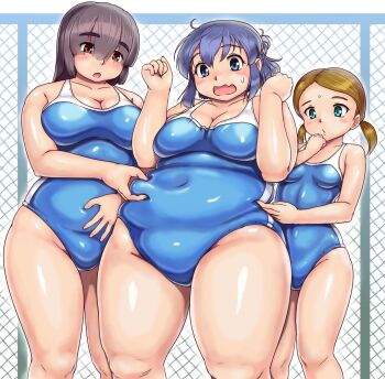 3girls bare_shoulders belly belly_grab big_belly bindi blush breasts cleavage covered_navel curvy embarrassed fat fat_rolls fat_step-sister_(orizen) fat_woman hands_up highres large_breasts legs_apart multiple_girls original orizen outdoors plump poking_belly school_swimsuit shiny_clothes shiny_skin short_hair short_twintails size_difference skin_tight small_breasts standing sweatdrop swimsuit thick_eyebrows thick_thighs thighs twintails weight_conscious wide_hips