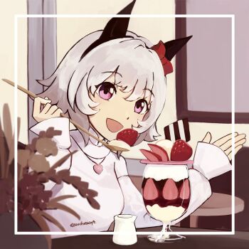 1girl 253_bcl_24282 black_hairband blue_eyes bow creamer_(vessel) curren_chan_(umamusume) ear_bow food fruit grey_hair hairband hands_up highres ice_cream jewelry long_sleeves necklace open_mouth plant potted_plant red_bow shirt short_hair sliced_fruit smile solo strawberry sundae twitter_username umamusume white_shirt